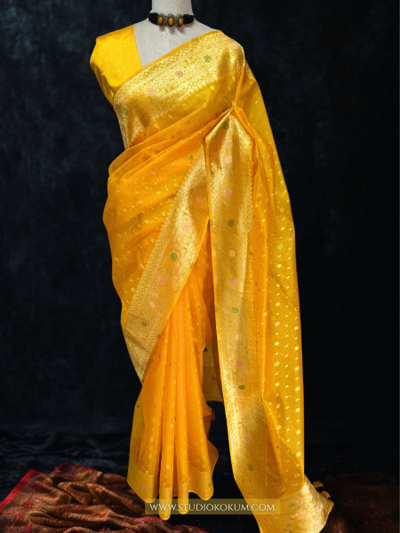 Myra - Golden Colour Organza Banarasi Saree