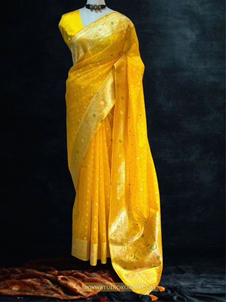 Image of Myra - Golden Colour Organza Banarasi Saree