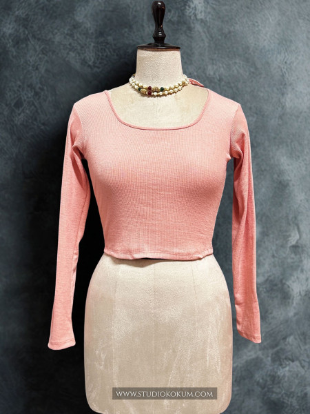 Full Sleeves Stretchable Back Strings Blouse in Peach Pink Colour