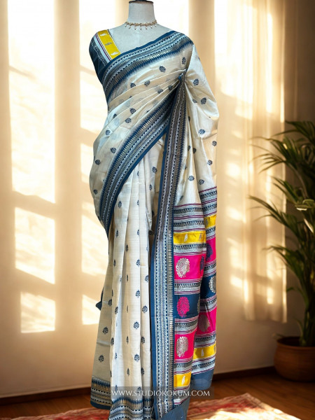 Advika : Beige & Blue Colour Assam Silk Saree