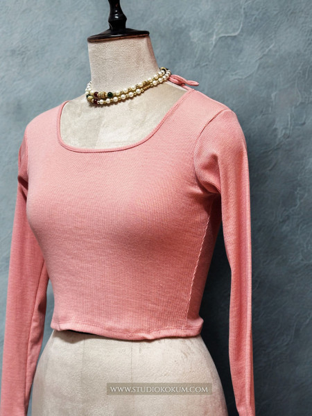 Full Sleeves Stretchable Back Strings Blouse in Peach Pink Colour