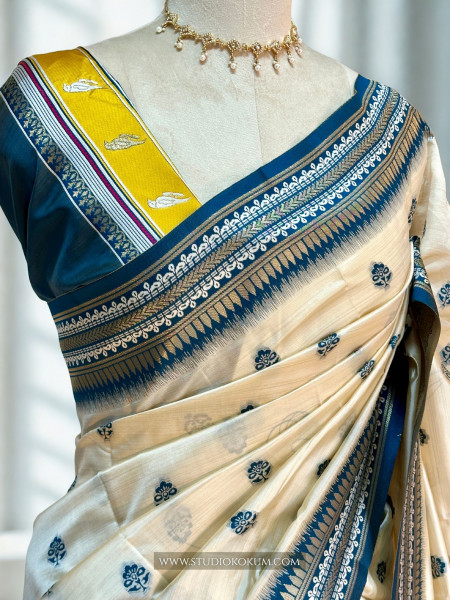 Advika : Beige & Blue Colour Assam Silk Saree