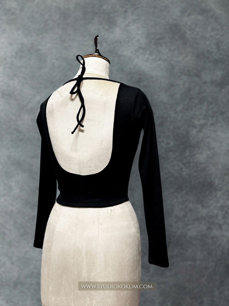 Full Sleeves Stretchable Back Strings Blouse in Black Colour