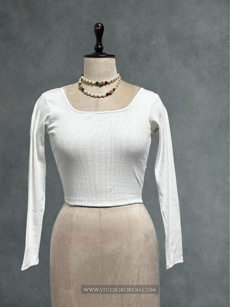 Full Sleeves Stretchable Back Strings Blouse in White Colour