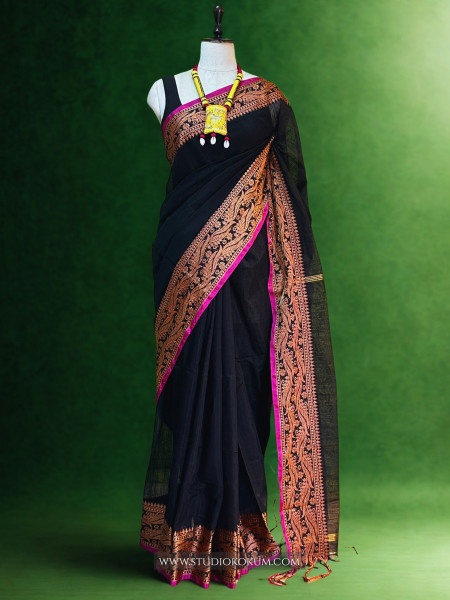 Image of Chahak: Handloom Black Cotton Silk  Saree