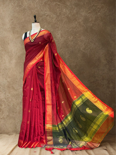 Parampara- Pure Cotton Saree in Red with Exclusive  Zari Border & Pallu