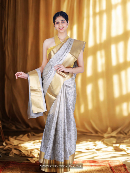 Navya: Golden Silver Tissue Silk Saree