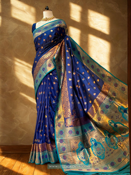 Image of Shubha : Teal Blue Kanjivaram Silk Saree