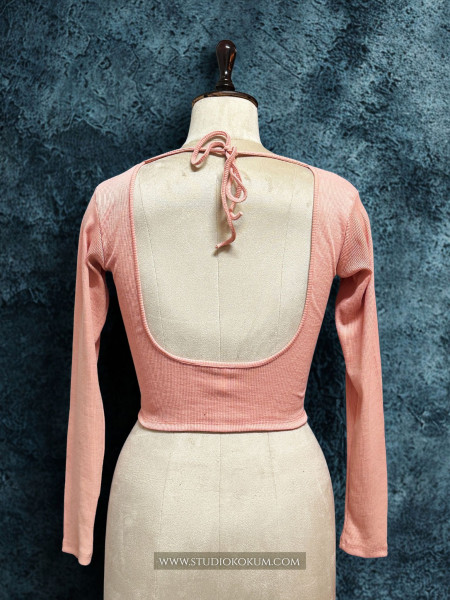 Image of Full Sleeves Stretchable Back Strings Blouse in Peach Pink Colour