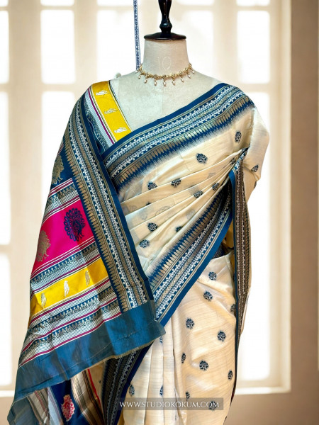 Advika : Beige & Blue Colour Assam Silk Saree