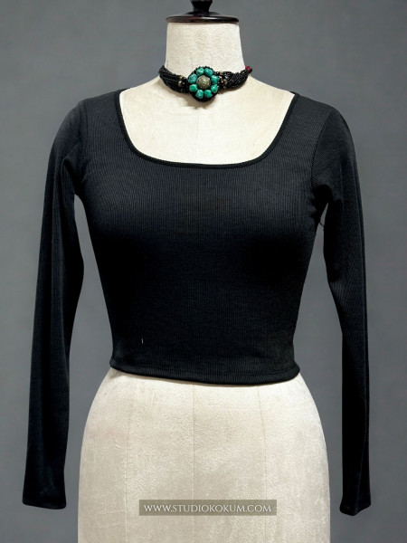 Full Sleeves Stretchable Back Strings Blouse in Black Colour