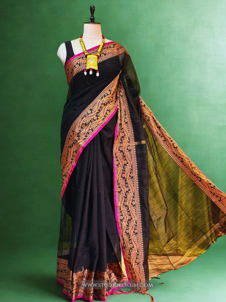 Chahak: Handloom Black Cotton Silk  Saree
