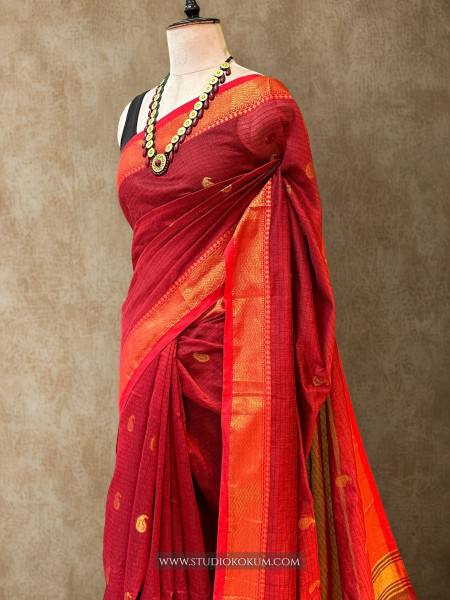 Parampara- Pure Cotton Saree in Red with Exclusive  Zari Border & Pallu