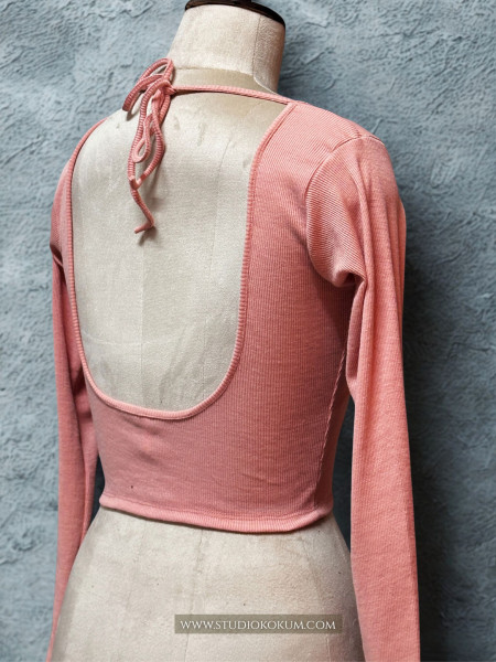 Full Sleeves Stretchable Back Strings Blouse in Peach Pink Colour