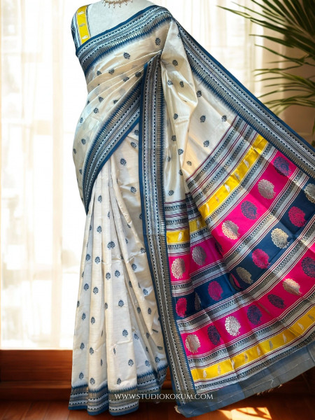 Image of Advika : Beige &amp; Blue Colour Assam Silk Saree