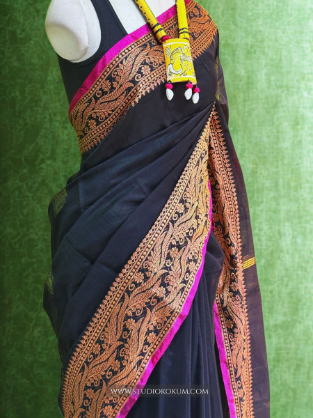 Chahak: Handloom Black Cotton Silk  Saree