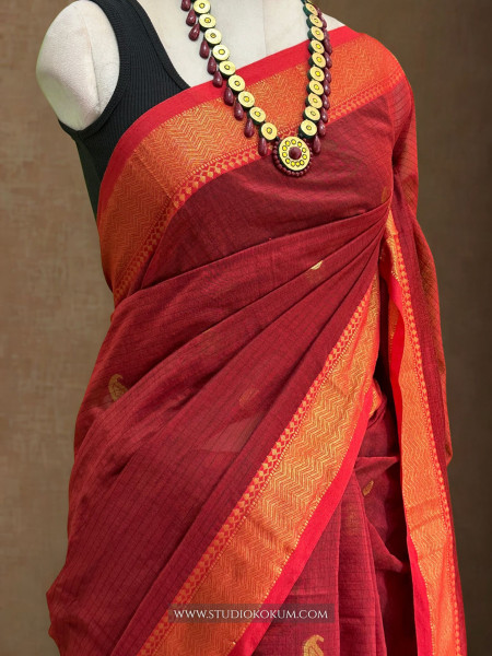 Parampara- Pure Cotton Saree in Red with Exclusive  Zari Border & Pallu