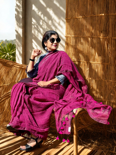 Image of Priya: Fuchsia Handwoven Linen Saree