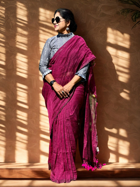 Priya: Fuchsia Handwoven Linen Saree