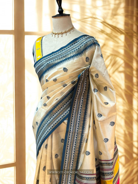 Advika : Beige & Blue Colour Assam Silk Saree