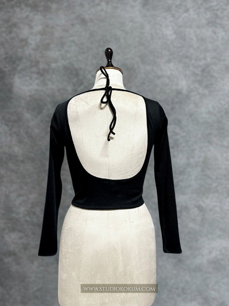 Image of Full Sleeves Stretchable Back Strings Blouse in Black Colour