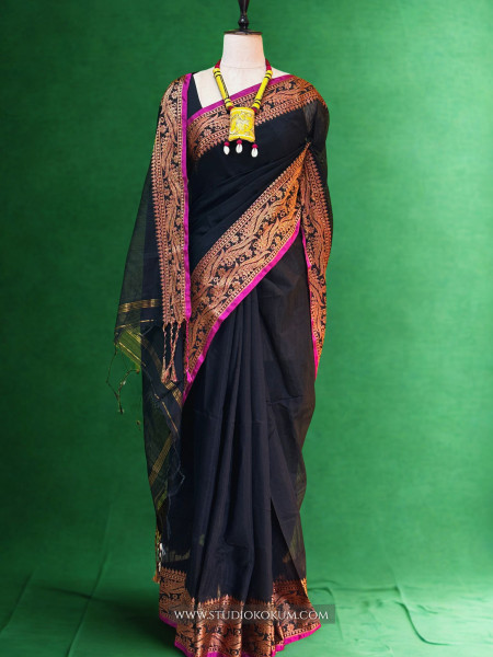 Chahak: Handloom Black Cotton Silk  Saree