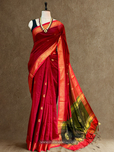 Parampara- Pure Cotton Saree in Red with Exclusive  Zari Border & Pallu