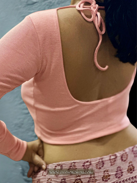 Full Sleeves Stretchable Back Strings Blouse in Peach Pink Colour