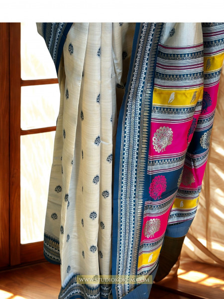 Advika : Beige & Blue Colour Assam Silk Saree