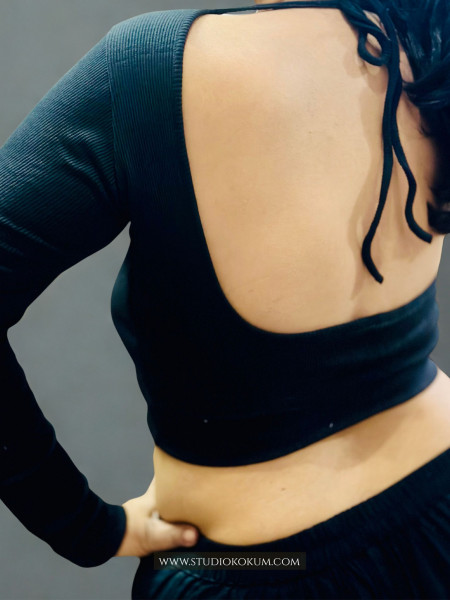 Full Sleeves Stretchable Back Strings Blouse in Black Colour