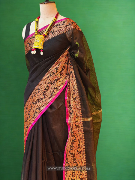 Chahak: Handloom Black Cotton Silk  Saree