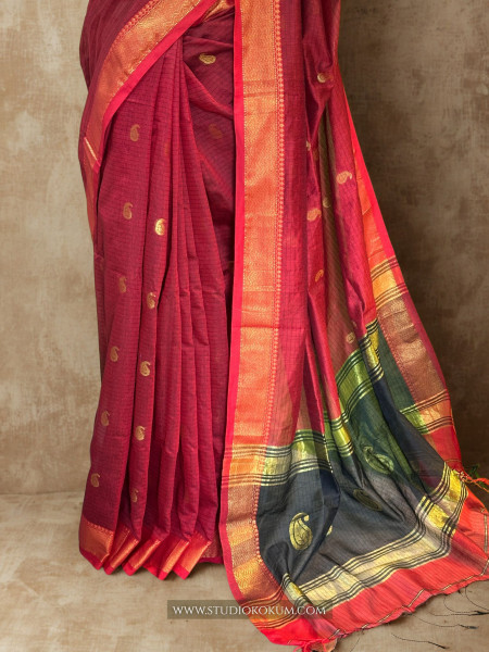 Parampara- Pure Cotton Saree in Red with Exclusive  Zari Border & Pallu