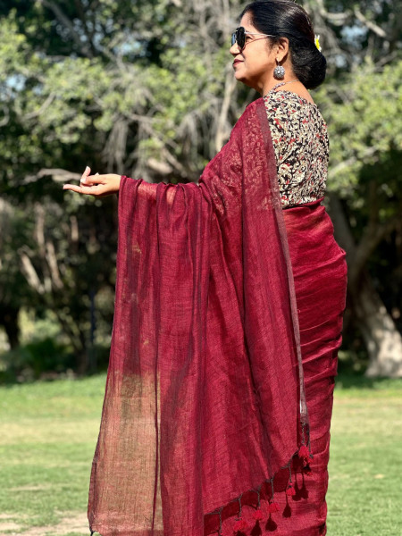 Suvarna : Maroon Handwoven Linen Saree