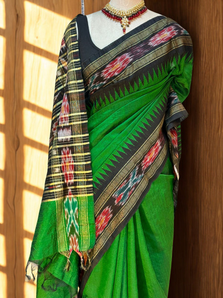 Jhanvi -  Green Color Raw Silk Saree with Sambalpuri Border and Pallu
