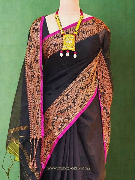 Chahak: Handloom Black Cotton Silk  Saree