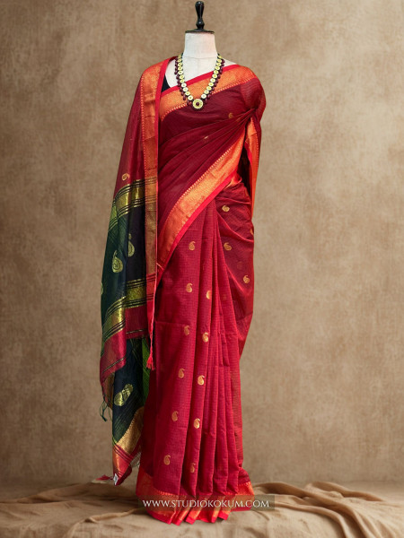 Parampara- Pure Cotton Saree in Red with Exclusive  Zari Border & Pallu