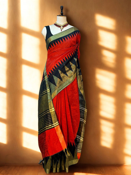 Mahira - Red Color Raw Silk Saree with Temple Border and Pallu