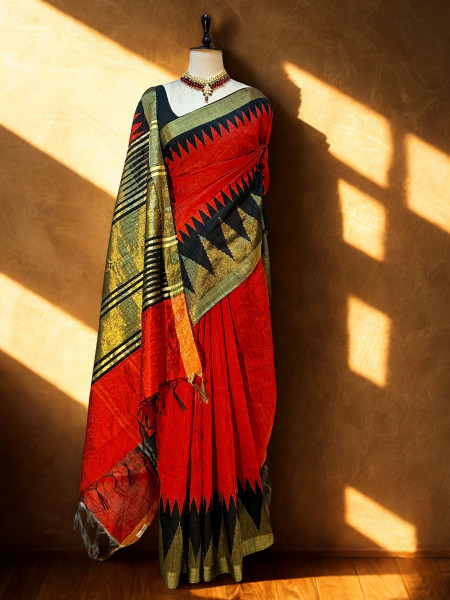 Mahira - Red Color Raw Silk Saree with Temple Border and Pallu