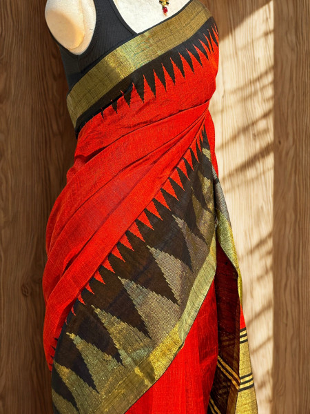 Mahira - Red Color Raw Silk Saree with Temple Border and Pallu