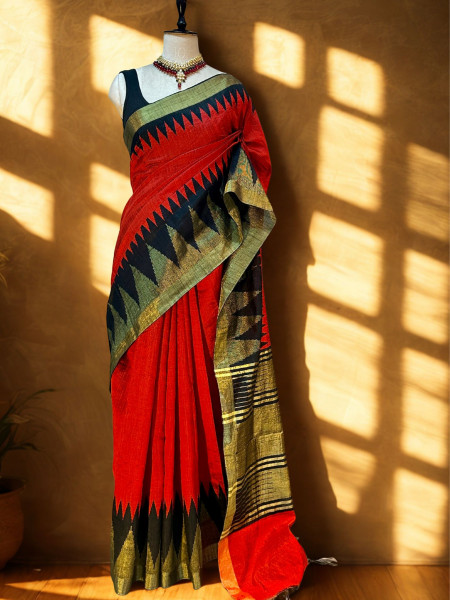 Image of Mahira - Red Color Raw Silk Saree with Temple Border and Pallu