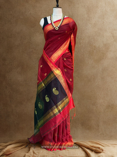 Parampara- Pure Cotton Saree in Red with Exclusive  Zari Border & Pallu