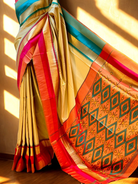 Image of Sejal: Beige Pochampally Ikkat Silk Saree