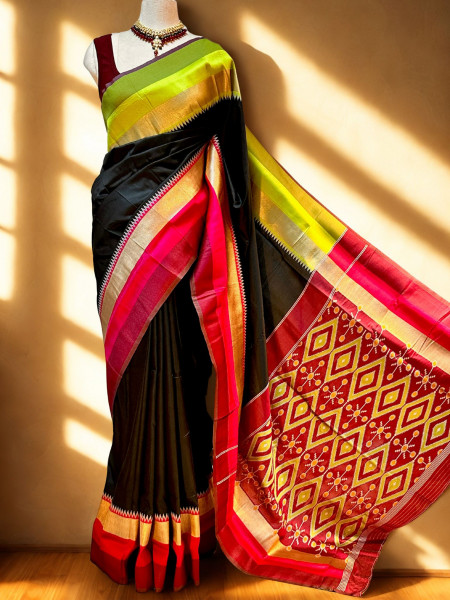 Image of Madhuri: Black Pochampally Ikkat Silk Saree