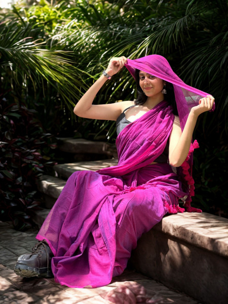Image of Kaveri : Hot Pink Soft Mul Cotton Saree