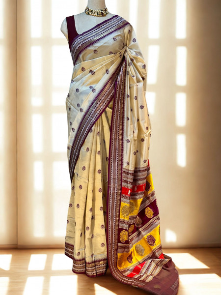 Aadhya:  Beige Colour Assam Silk Saree