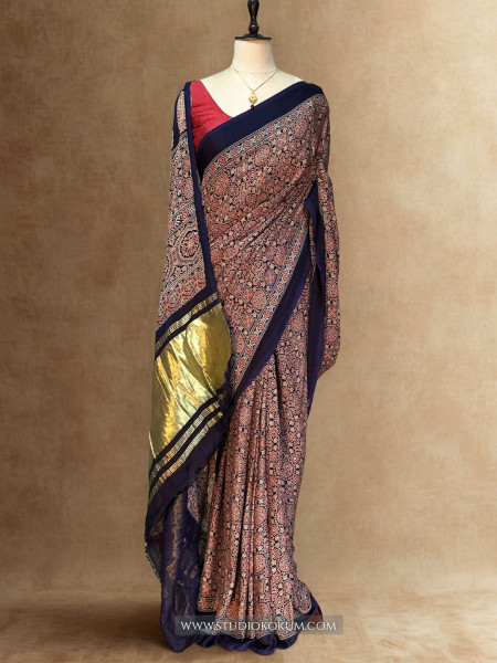 Saisha: Blue Modal Silk Hand blocked Ajrakh Zari Lagdi Patta Saree