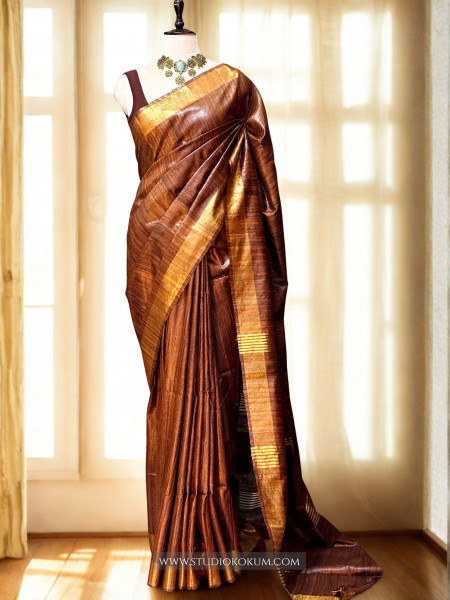 Image of Mahika: Brown Woven Pure Tussar Silk Saree