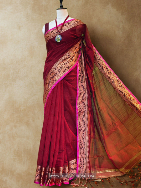 Dhara: Handloom Maroon Cotton Silk Saree