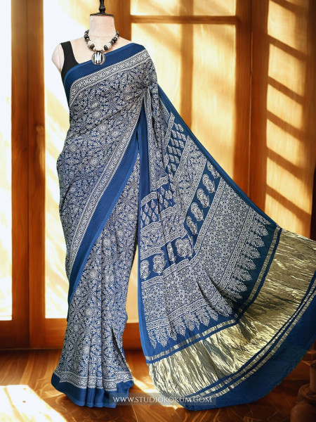 Image of Falak: Cobalt Blue Modal Silk Hand blocked Ajrakh Zari Lagdi Patta Saree