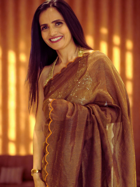 Image of Dipti - Brown Cut Work Pure Mul Saree with Zari Stripes